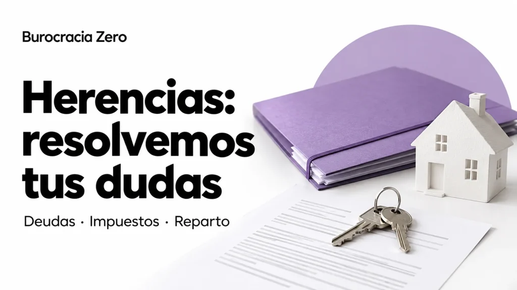 Carpeta morada, una casa y unas llaves junto al texto «Herencias: resolvemos tus dudas», de Burocracia Zero.