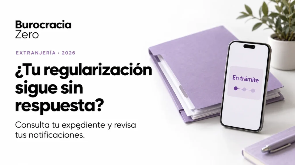 Carpeta de documentos y móvil con el estado «En trámite», junto al título «¿Tu regularización sigue sin respuesta?